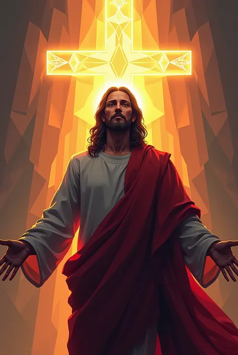 Jesus with a bright cross at the
background digital art, geomatrical art