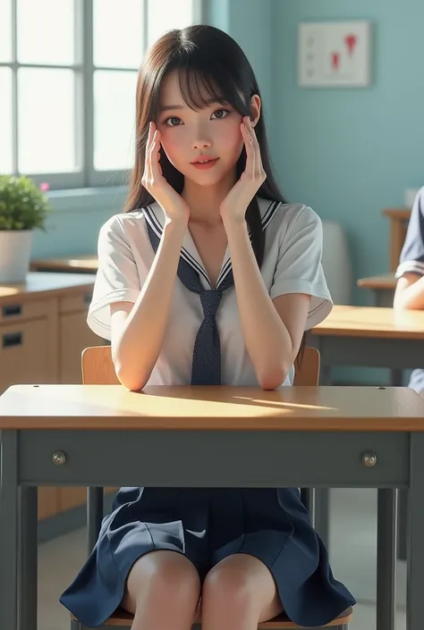 (photorealism:1.2), beautiful girl, sitting on desk, wearing school uniform, raising hands 