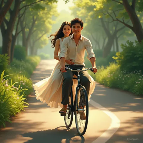 Một chàng trai việt nam, about 20 years old,  high nose , riding a bike ,  carrying her beautiful lover behind 