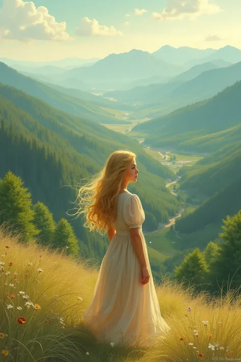 Blond girl looking at landscape 