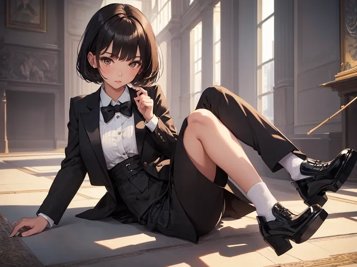 ((best quality)), ((masterpiece)), (detailed), 1girl, asian young woman, short bangs, brown hair, brown asian eyes, feminine, bowtie, black tuxedo jacket, black dress skirt, short white socks, fancy black shoe, aplogetic look, relieve expression