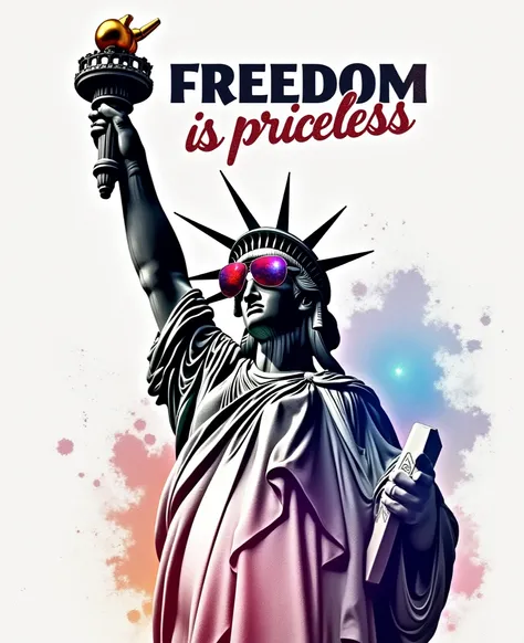 creative logo illustration fantasy style of a black and white intricate drawing of the liberty statue with cool sunglasses reflecting colorful space featuring the word ( FREEDOM is PRICELESS ) in big bold creative font style 3D double exposure style blende...