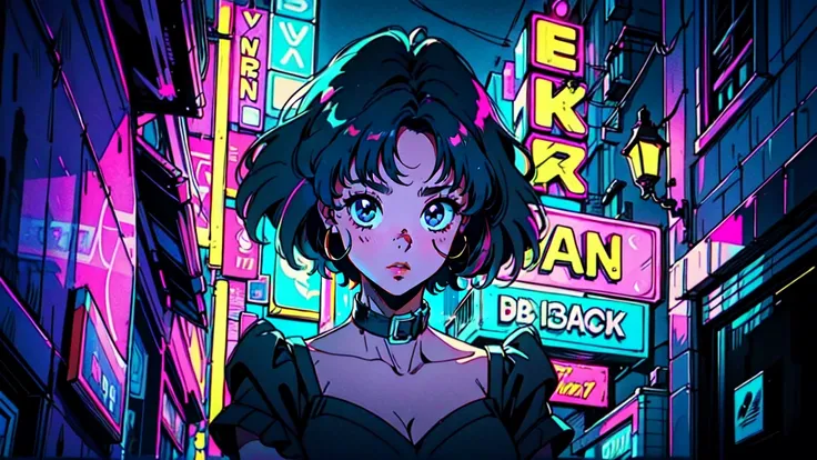 (best quality, sketch:1.2), realistic, illustrator, anime, 1 girl, detailed lips, black dress8, custom, (background night cityscape with multiple neon colors, dark monochrome with vibrant neon lights), neon hair, textured cropping, masterpiece, style retro...