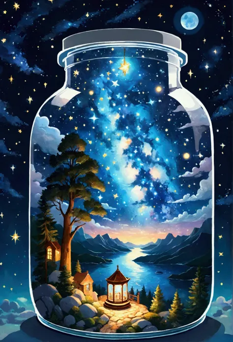 1 pzsj1, masterpiece，high quality，( Very Exquisite and Beautiful Starry Sky Scenery Trapped in a Jar), World Masterpiece Theater ,  High Resolution Isometric Measurement , high quality, illustration, Thick coating, canvas, painting,  illustrion ,  illustri...