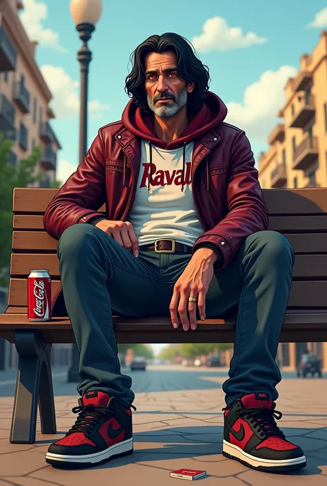 Male, 45 years old, wavy black hair, medium hair,  sitting on a bench , faceless hoodie red eyes maroon leather jacket, white t-shirt with the word Raval ,  belt,  jeans ,  sneakers Nike dunk low maroon and black ,  a Coca-Cola in the right hand,  Montjuic...