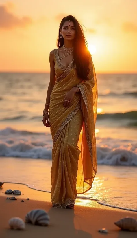 An elegant Indian woman standing on a serene beach during a golden sunset, wearing a shimmering golden saree that sparkles as it catches the light. The ocean waves gently touch her feet, and the sky is a gradient of warm orange and pink hues. Her long hair...