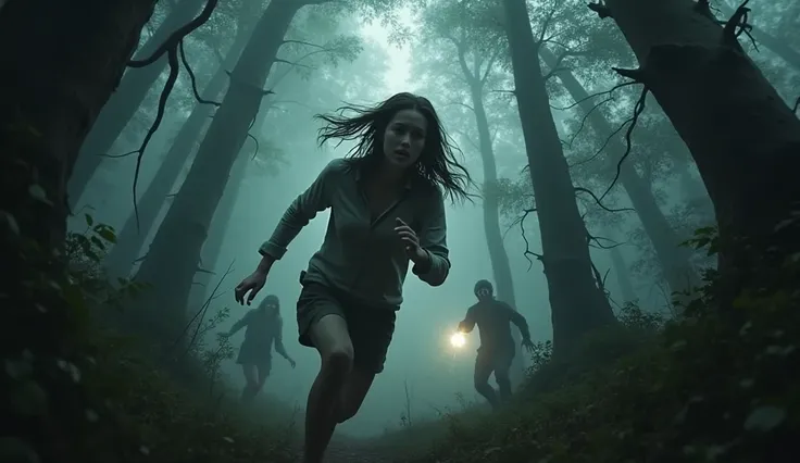  A young woman desperately running through a dark forest , with branches that seem to stretch towards her .  Her flashlight has fallen to the ground and emits a faint flash .  Gloomy and distorted figures chase her through the trees , barely visible,  as i...