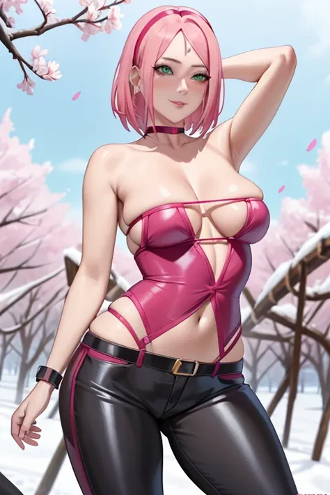 
1girll， Sakura Haruno，busty mommy,Large breasts，sexy ninja suit attire，（cleavage)，（upperbody closeup)，Raised sexy，is shy，ssmile，with pink hair， long whitr hair， （Green eyeballs:1.4)， Forehead protection， the cherry trees，Cherry blossoms flying，midriff Wea...