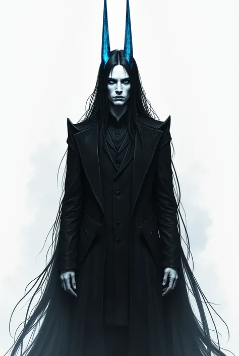 Create a fictional drawing-type man,  white with black details ,  vertical horns in diamond blue,  heavenly eyes , black clothes and long hair , tall and serious , very serious.