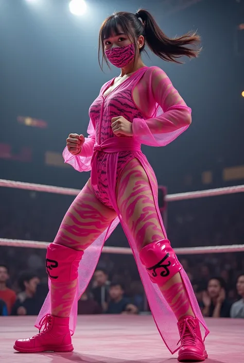 Full body front portrait 、 Im Jpanese female wrestler,Im Princess Tiger, a female idol wrestler、Im the WWE lightweight champion 、The hair style is a ponytail 、The mask is above my nose and my face is visible from my nose down 、The costume is see-through wi...