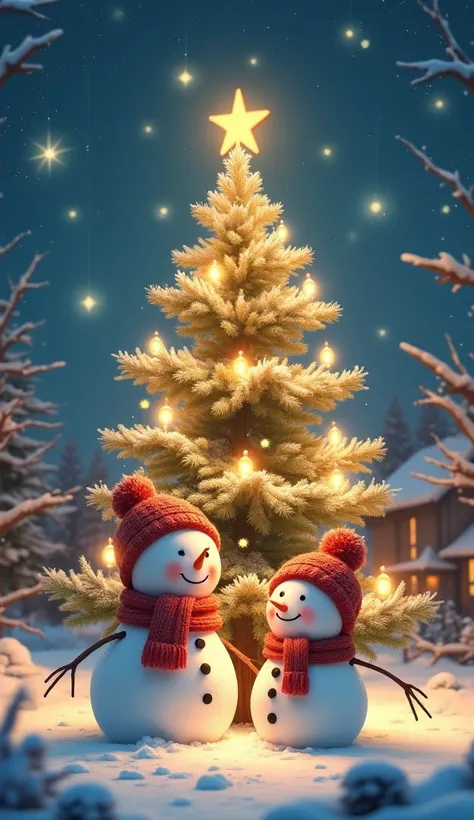 A cheerful snowman family with cozy scarves and hats, standing around a warmly lit Christmas tree adorned with golden lights and twinkling ornaments in a snowy village under a starry night sky.
