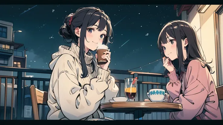 background：雪が降ってるnight空が見えるバルコニー、I can see the city lights in the distance 。
Performance： Relaxed Smile 。  
 costume：Warm sweaters and blankets。  
stop temporarily：sitting on a chair on the balcony、 holding a cup of hot cocoa in one hand , night空を見上げる。  
s...