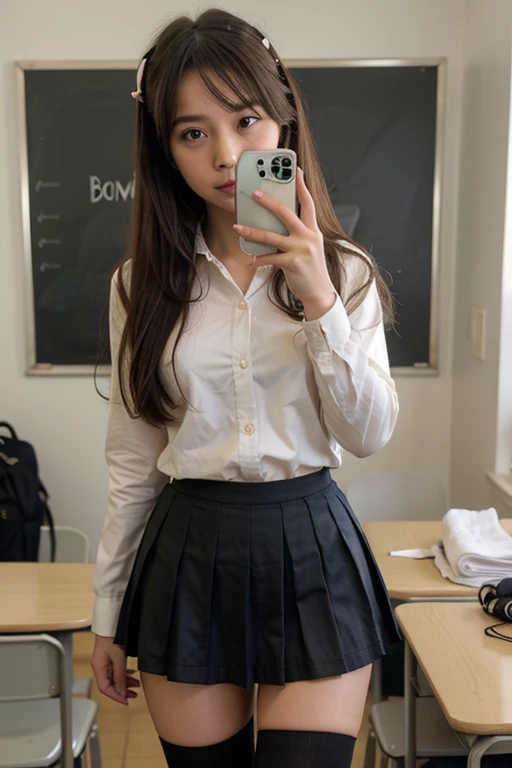 There is a woman taking pictures of herself in the mirror, Japan schoolgirl school uniform, Japan School Uniforms, magic school student uniform, JK school uniform, Wear Japanese school uniforms, cute female student, in school uniform, School Uniform, magic...