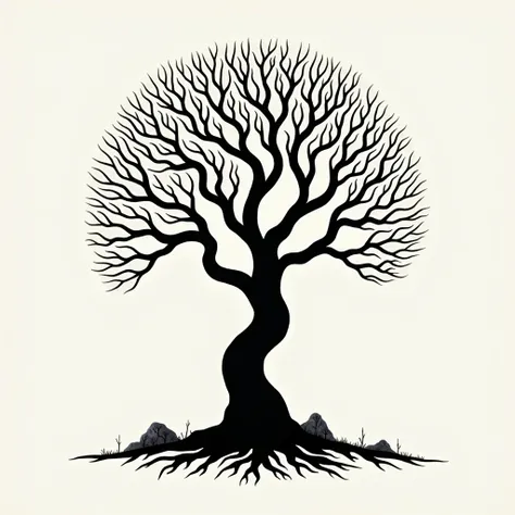 flat art, color, cutout, silhouette art, fine art, ink, stylized tree, many happy branches, many evil roots