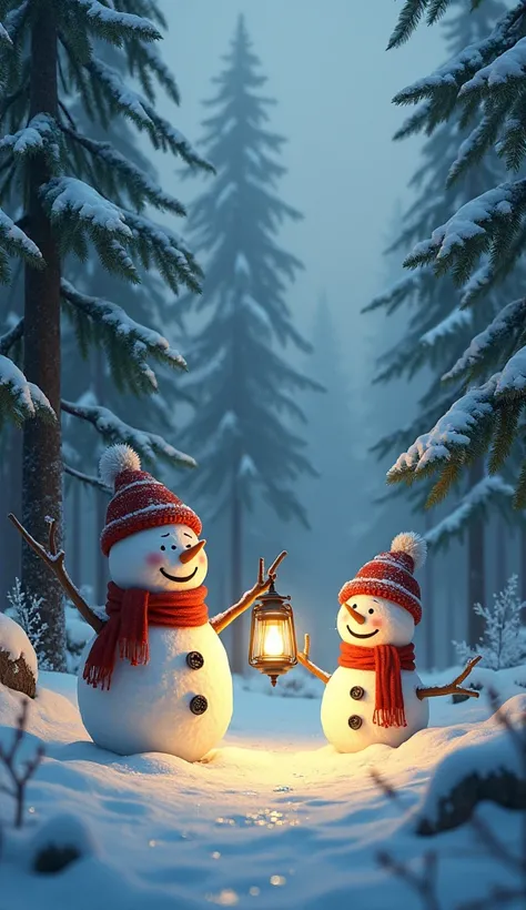 A magical forest of evergreen trees dusted with snow, where friendly snowmen hold glowing lanterns, lighting up the winter wonderland with a cozy golden glow.
