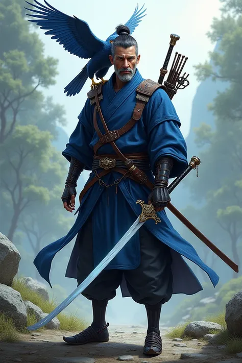 Create a male character in samurai clothing with a wind sword and a bow on his back ,  on his shoulder, place a blue-colored Peregrine falcon on the bottom and black on top.