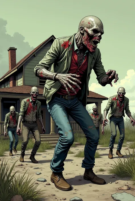 zombies, apocalypse thematic, comic drawing style, HD, very detailed, in the background a house