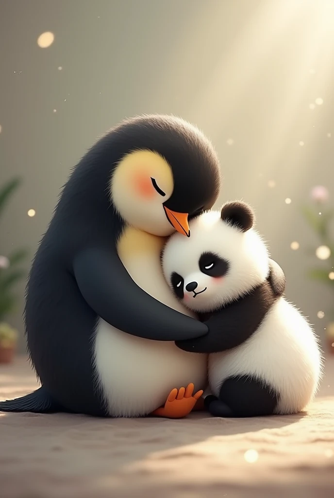 A penguin and a little panda cuddly sleeping together 