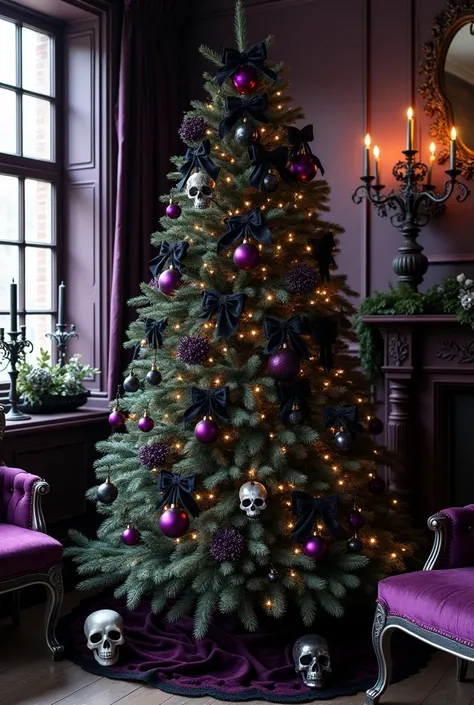 A Gothic-inspired Christmas tree with dark, moody decorations like black velvet ribbons, dark purple ornaments, and silver skulls. The tree is adorned with dark candles and gothic lace garlands. The room features vintage furniture with deep purple, black, ...