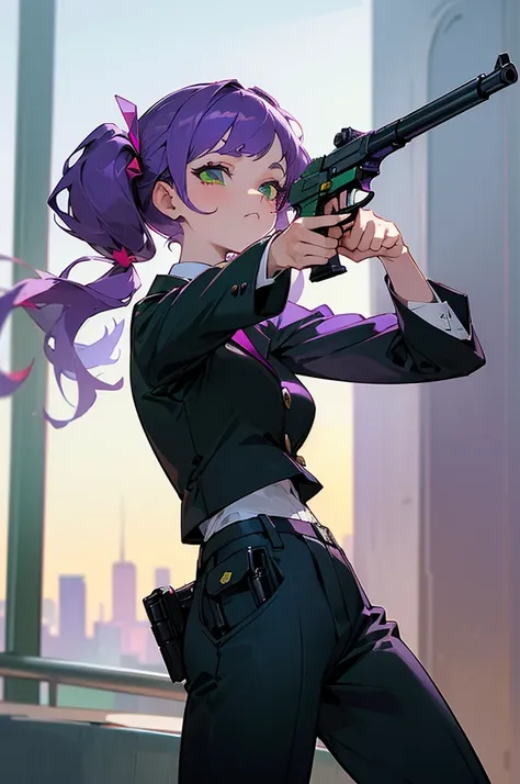 ((masterpiece)), ((best quality)), ((highres)), 1girl, solo, police officer, (matching pants, slacks), city backdrop, (holding and aiming pistol, detailed pistol, glock 22, trigger discipline), standing, medium hair, (purple hair, twintails), (green eyes),