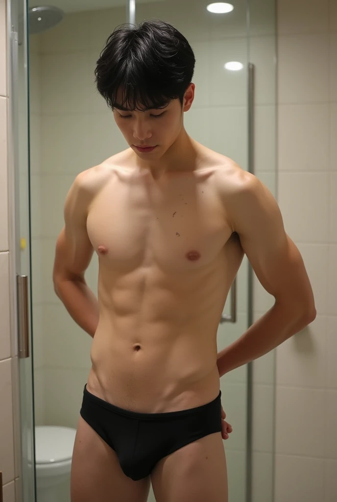 Create an image of a shirtless 20-year-old Korean boy with his abdomen sculpted and defined with some veins showing his naked body and his 16-centimeter penis dripping pre-cum while in the bathroom and standing 