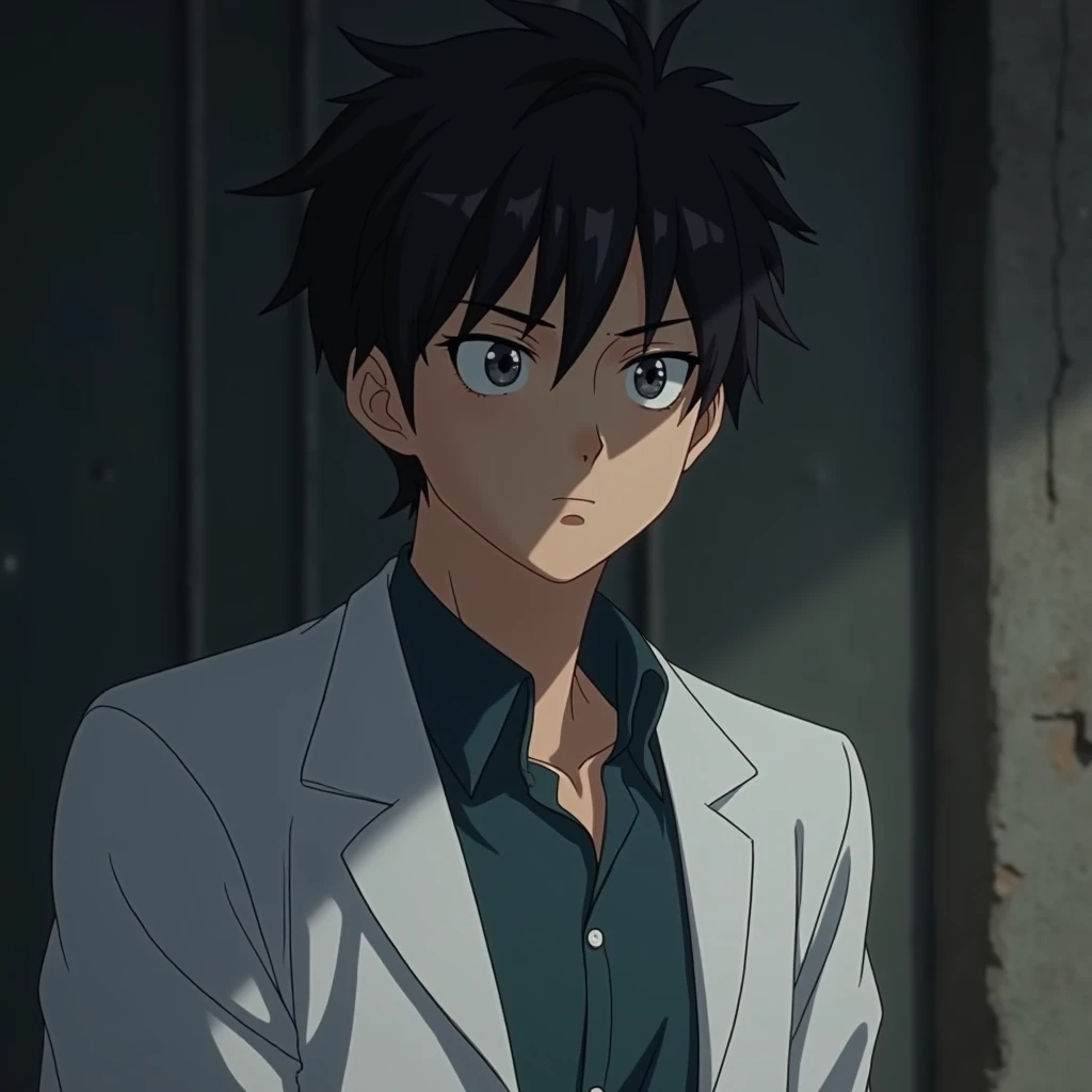 Semirealistic anime character. 40 year old male,  black hair with slightly long gray eyes,  white test with slight dark circles due to tiredness,  of medium-thin body build . He is a forensic doctor .  With a faint dark aura .  Of a relatively mocking pers...