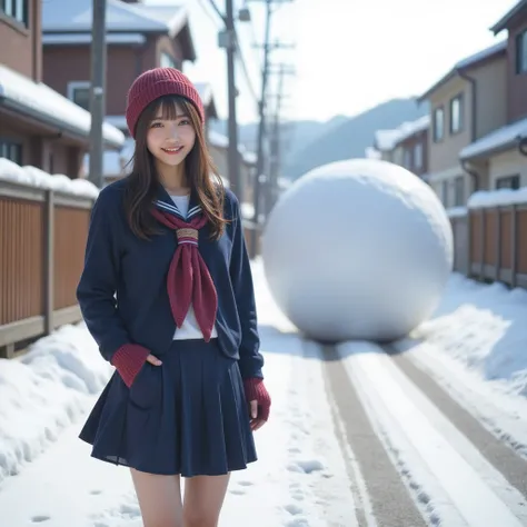  best quality, (High quality 8k,  Masterpiece:1.21),  beautiful Japanese woman , Laughing woman, Front View,  Breathtakingly Beautiful Photos , Surreal and ridiculous quality , A giant life-size snowball is rolling on the road,  brown hair, 細身の体:1.331,  an...