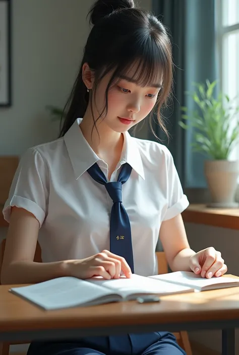 (photorealism:1.2), beautiful girl, sitting on desk, wearing school uniform, topper examine 