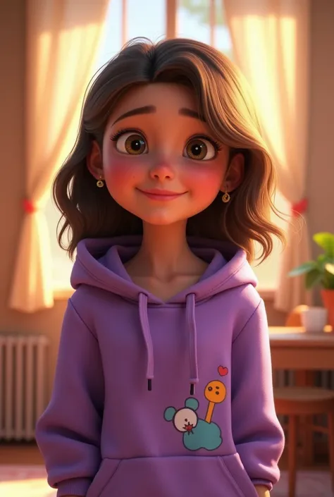 Girl with brown wavy hair below her shoulders and Pixar-style purple sweatshirt 