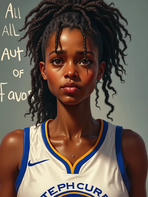 /imagine-25d prompt:a 68 year old African-American female heavy set favorite auntie with microbraids hair thats salt and pepper color wearing a steph curry golden state warriors basketball jersey, looking at viewer with shoulders shrugged up with the sayin...