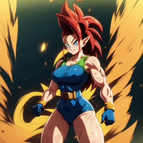 dbsuper style, 1
girl, captain mizuki, green aura, super saiyan's aura, belt, pointed ears, elf ears, red colored hair, huge hai...