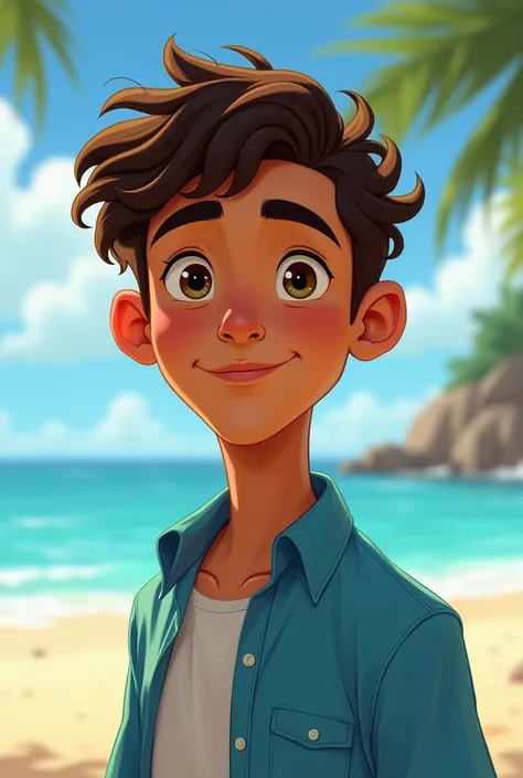 brown hispanic male disney character, black short curly hair. big lips. hazel eyes. brown skin. blue shirt. beach setting. faded haircut. short hair. big lips. full lips. 
brown mixed with green eyes. round face. 22 years old hair falls above eyebrows like...