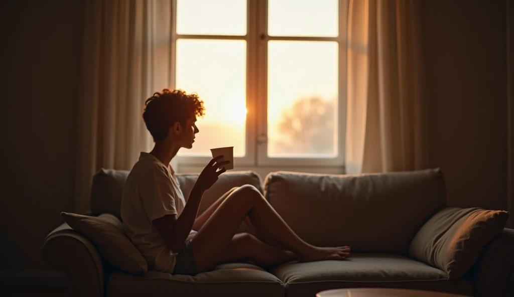 A person (male or female) sitting on a sofa in a quiet room. Soft natural light streams through a window, creating a serene and slightly melancholic atmosphere. The person gazes out of the window with a thoughtful expression, holding a cup of coffee or tea...