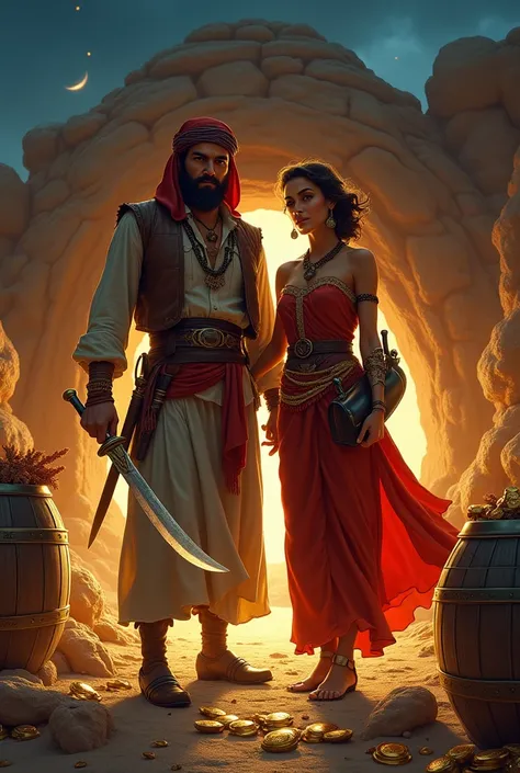  Create an image of action and adventure set in the 1940s .  Show Ali Baba holding a scimitar ,  in front of a magic cave Next to him is Morgiana , a strong and beautiful woman ,  holding a jug of oil . In the background,  show menacing shadows of the 40 t...