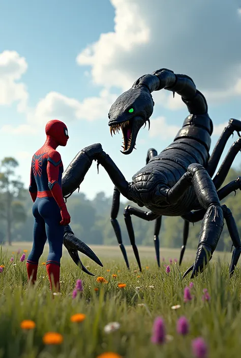 "Spider-Man, wearing his red and blue suit with black webbing patterns, stands on a grassy field under a bright blue sky. Beside him is a massive, venomous scorpion with a sleek black exoskeleton, glowing green eyes, and a deadly, curved stinger dripping w...