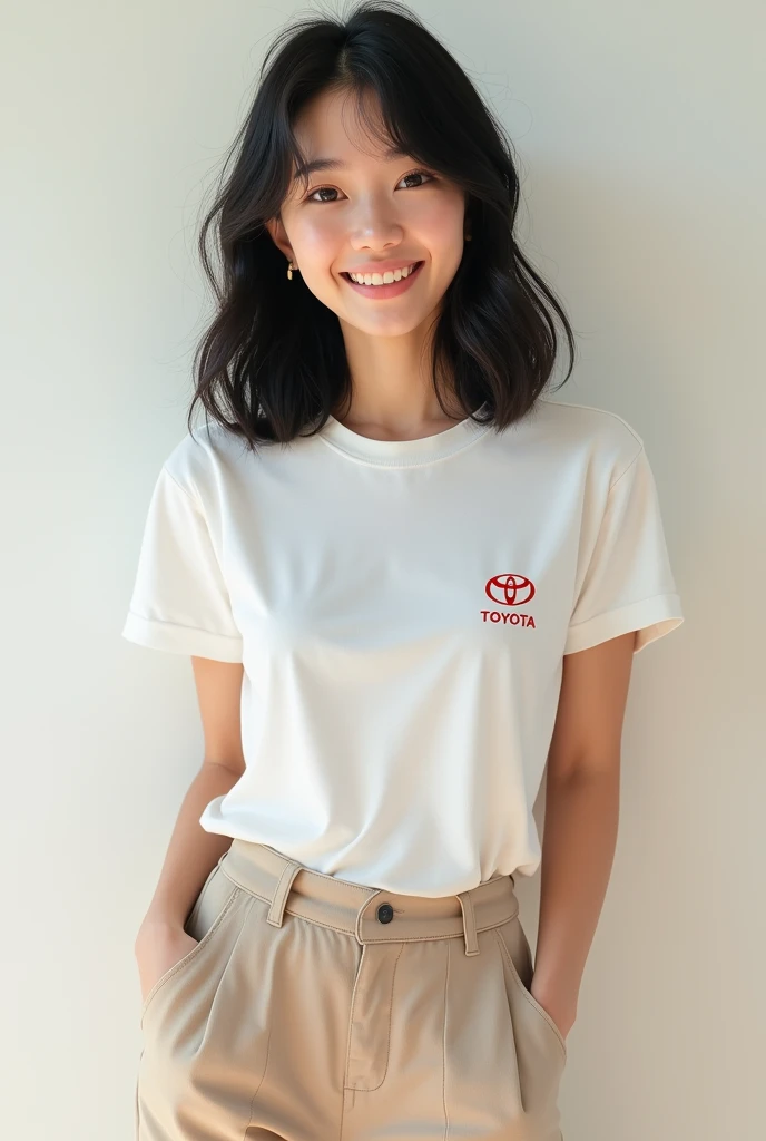 A cute Japanese woman wearing a Toyota logo t-shirt and chinos