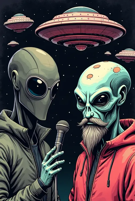 One alien with ski mask. Another alien with medium length beard and a microphone. Ufos made of vinyl records. Cosmic background. Grafitti style