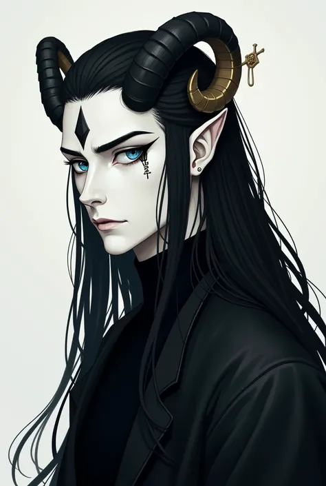  Create a male character , with white face with black details ,  a cross caravan in its right ear ,  slightly curved vertical horns of diamond blue,  heavenly eyes , black clothes and long hair to the back , tall and serious , very serious.