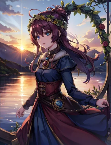 20-year-old woman wearing a Russian costume, a corolla wreath wearing a wreath on the head, blue eyes, river and blue sky in the background, afternoon light, sunset, realistic illustration