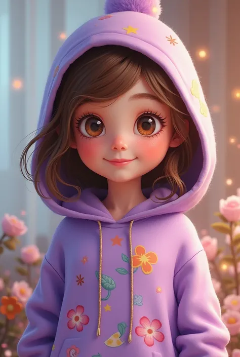  Girl with brown wavy hair below her shoulders,round face not very big eyes and purple Disney style sweatshirt 