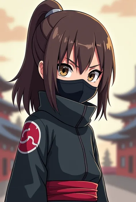  Create a cartoon of a ninja with straight brown hair who wears a mask, Its from Jonins patent and the Naruto anime 