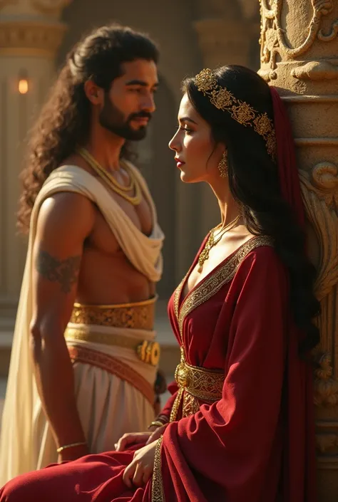 "Zulaikha, a beautiful woman in an elegant dress, gazing longingly at Prophet Yusuf from a distance, her expression filled with desire and admiration for his striking handsomeness. The scene is set in an opulent palace room with golden accents."