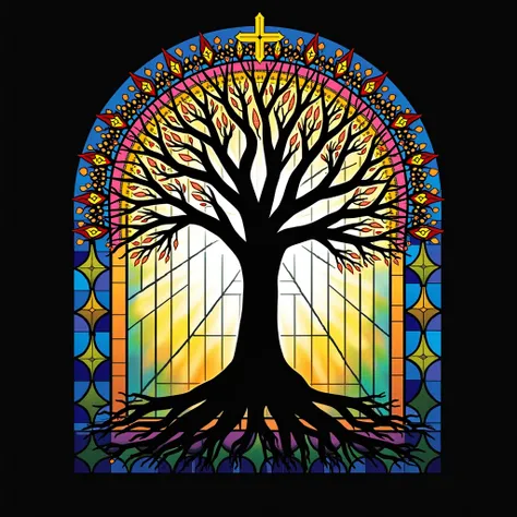 (Stained-glass, many colors, light, religious art, stylized art, straight) tree, many light branches, many dark roots