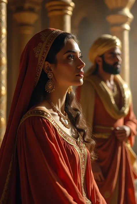 "Zulaikha, a beautiful woman in an elegant dress, gazing longingly at Prophet Yusuf from a distance, her expression filled with desire and admiration for his striking handsomeness. The scene is set in an opulent palace room with golden accents."