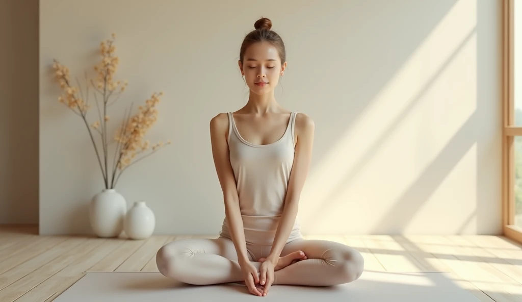 “a person reaching for their toes during a stretch, showcasing their relaxed facial expression and peaceful focus in a minimalist indoor setting.”