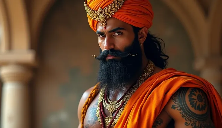 A Very Clear 4K Ultra HD Dynamic Image Of "King Vikramaditya was a strong, majestic man, dressed in traditional Indian attire, an orange turban, tattoos on his muscular chest and arms, a thick beard and a serious, determined facial expression.