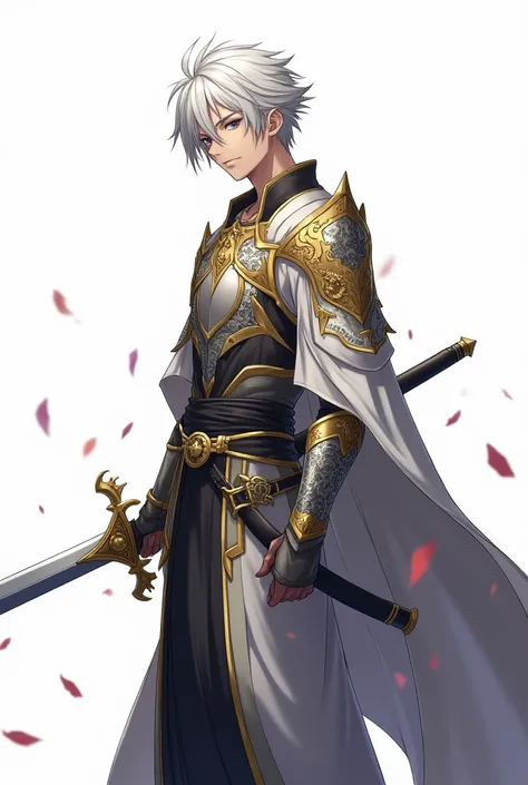  Yin is an impressive looking warrior with a design inspired by oriental culture.   He has short, silver hair .   His gaze is serious and decisive  ,   with piercing eyes and a slight silver sheen on them  .   He wears a stylized armor in shades of silver ...