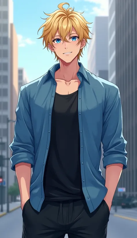 Boy,  blond hair, blue eyes, strong body,  light smile , blue button down blouse open with black blouse underneath, sweatpants black , [[[ high quality ]]][[[tall details ]]] Ultra HD,  high resolution,  anime style , in the city, messy hair, expected hair