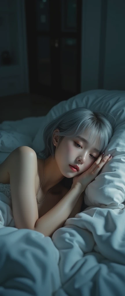 (8k,  Photorealistic , Original photo,  Max Image: 1.4), beautiful Japanese idol style girl ,18 years old,Model,1 person,( short bob hairstyle),( Silver Hair), she hangs her hair over her ears ,(Clear grey eyes),Long eyelashes,(piercings( smaller)),( lip g...