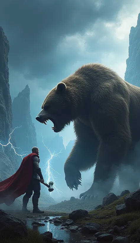 "A dramatic scene where Thor and a massive, ferocious bear stand face-to-face in an intense standoff. Thor, wielding Mjolnir, exudes raw power with lightning crackling around him, while the bear, towering and snarling, radiates primal rage. The background ...